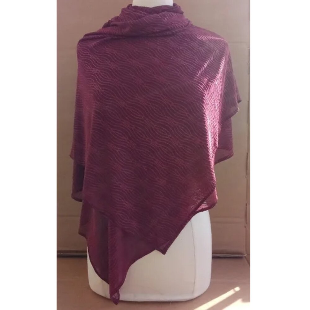 Women's Large Sheer Maroon Springy Mesh Scarf / Wrap with a Wavy Line Pattern